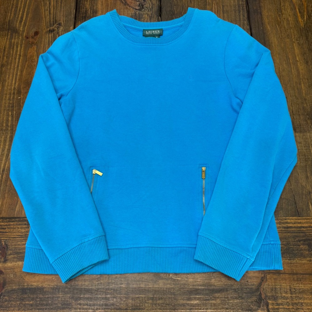 Lauren Ralph Lauren Womens Turquoise Blue Crewneck Sweatshirt Zip Pockets XL